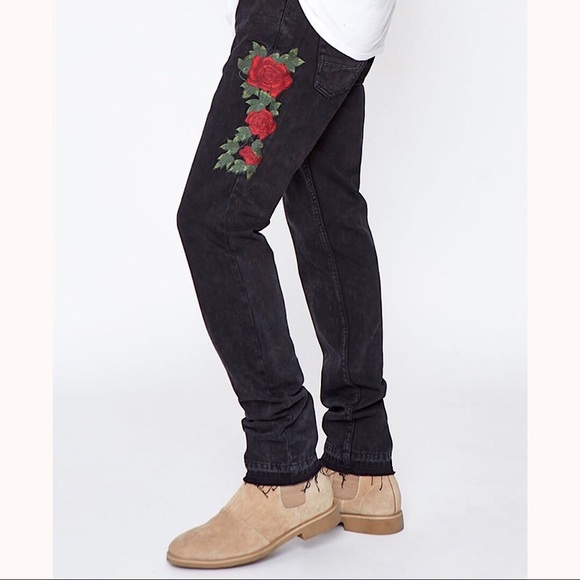 mens jeans with rose embroidery